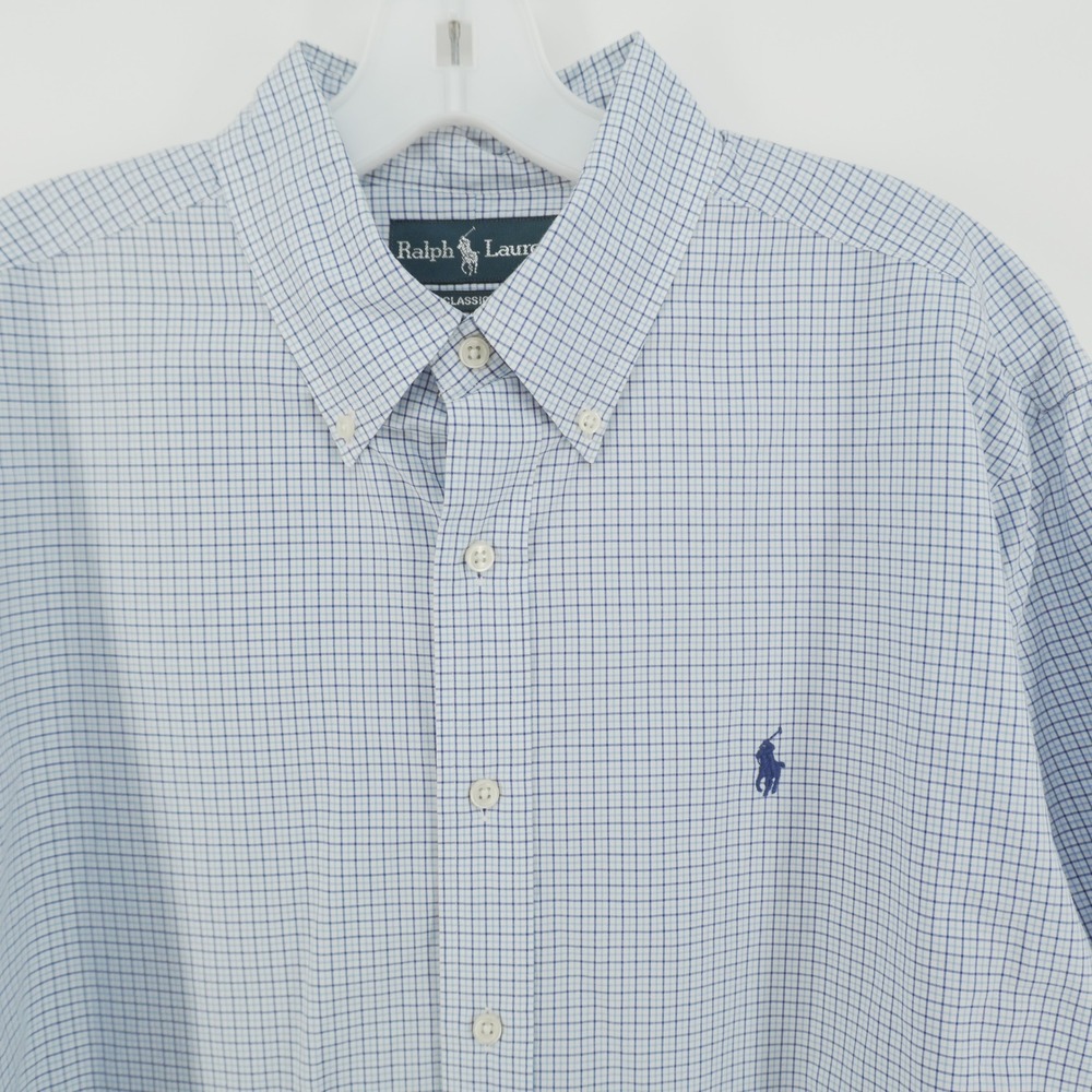 Ralph Lauren Button Down Shirt Mens Large Blue White Classic Fit Plaid Shirt